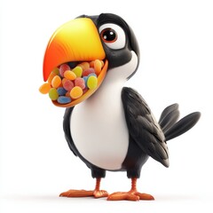 A cartoon bird with a mouth full of jelly beans