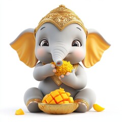 A cartoon elephant is sitting on a white background and eating a bowl of fruit