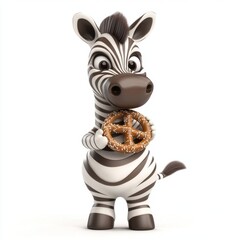 A zebra is holding a pretzel in its mouth
