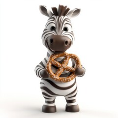 A zebra is holding a pretzel in its mouth