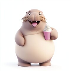 A cartoon character with a big belly holding a pink cup and a cone of ice cream
