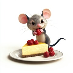 A cartoon mouse is holding a piece of raspberry cheesecake