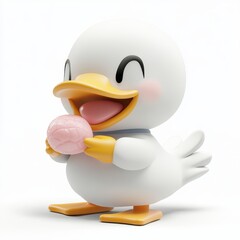 A cartoon duck is holding a pink donut in its beak