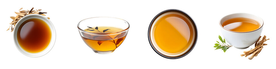 Variety of aromatic herbal teas and oils in elegant bowls, showcasing rich colors, textures, and styles, ideal for culinary, health, and wellness applications
