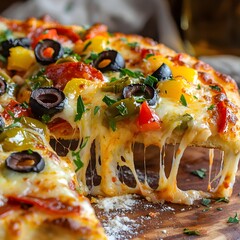 Photo of a Slice of Cheesy Pizza with Black Olives, Bell Peppers, and Pepperoni on Wood