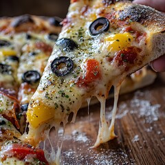 Photo of a Slice of Cheesy Pizza with Black Olives, Bell Peppers, and Pepperoni on Wood