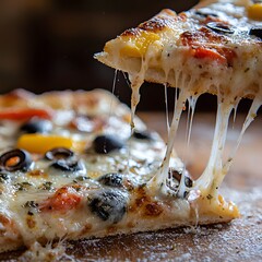 Photo of a Slice of Cheesy Pizza with Black Olives, Bell Peppers, and Pepperoni on Wood
