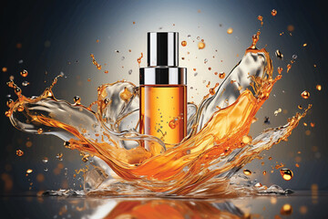 Cream bottle mock up in water splash of yellow color. 3D illustration