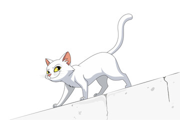 A white cat with a sly smile is walking on a slightly cracked wall. Cartoon cat illustration, vector cartoon illustration.