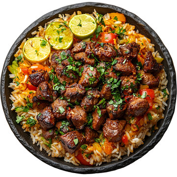 Top view of a delicious looking Kebda with Rice on a dark stone plate isolated on a white transparent background