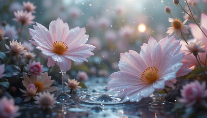 Serene Pink Lotus Flowers with Dew Drops in Morning Light