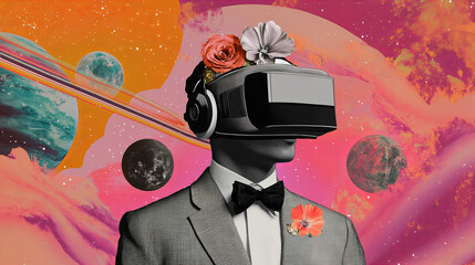 Fantasy Cosmic Gentleman in a Tuxedo with a Futuristic Helmet Amid Planets and Flowers – A Dreamlike Fusion of Space, Style, and Imagination

