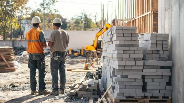 Construction Team Collaboration: Two construction workers are at a construction site, engrossed in conversation, with a backdrop of building materials and machinery.