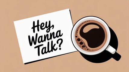 Coffee cup and handwritten note inviting conversation on a cozy afternoon. Talk to Us. Freedom From Fear of Speaking Day