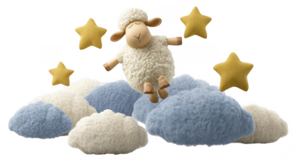 Fluffy sheep plush toy on clouds