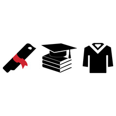 Graduation Icon Set – Diploma Scroll, Academic Cap, Books, and Gown in Black Silhouette