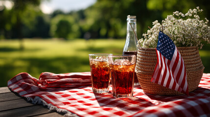 July 4, Independence Day traditional American picnic background. Plates, glasses, USA flags on green lawn or meadow grass, with blanket or tablecloth for picnic, sunglasses, copy space top view. 
