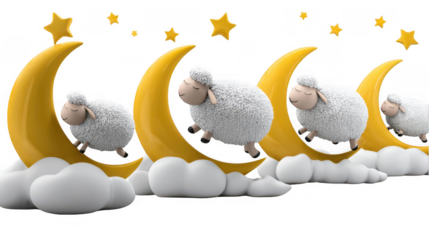 Sheep resting on moons and clouds