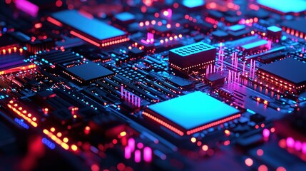 Obraz premium A glowing, futuristic circuit board illuminated by vibrant blue and pink LED lights.