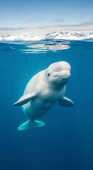 Beluga whale swimming in ocean with iceberg and mountains
