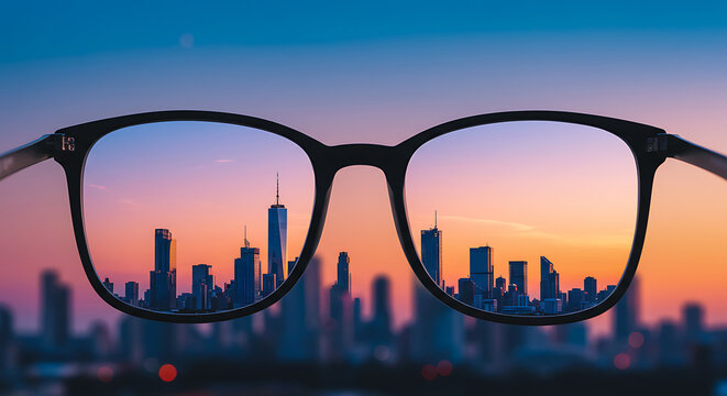 Clear Vision of City Skyline Reflected in Eyeglasses at Sunset