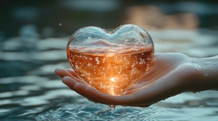 Heart-shaped glass filled with water held in a hand, golden light within