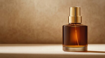 High-end amber skincare bottle with golden details, centered in a professional studio