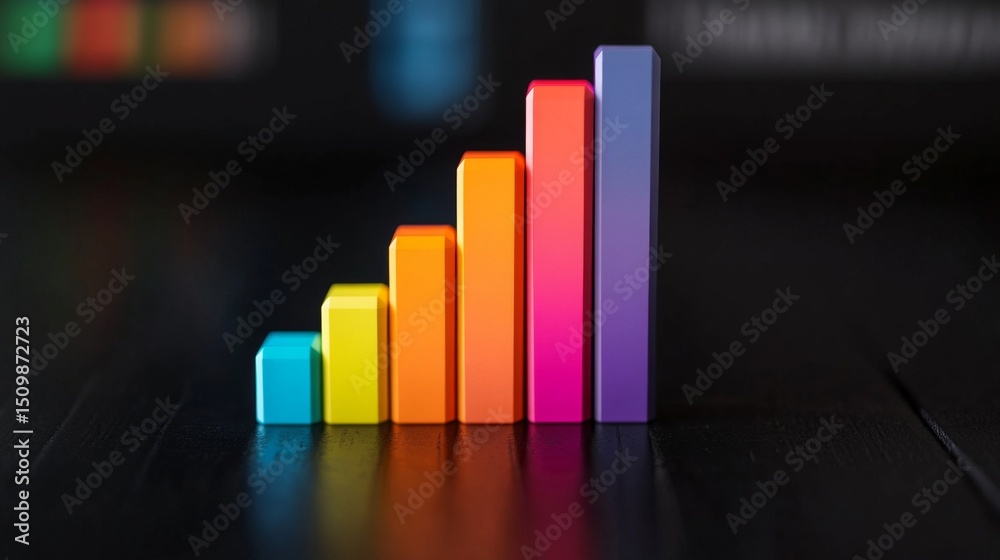 Poster a d-rendered bar graph with rising colorful bars, symbolizing growth in market trends, with a dark a
