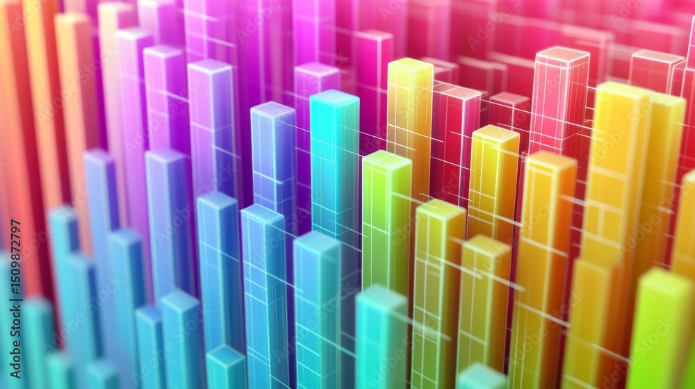 Poster abstract d graph with bars and lines emerging from a grid, each section in bright, contrasting color