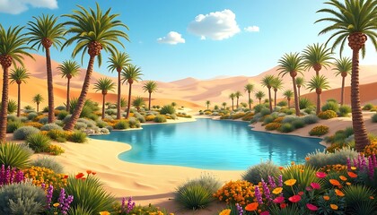 Tropical Desert Oasis Scene with Palm Trees Bright Blue Sky and Colorful Flowers