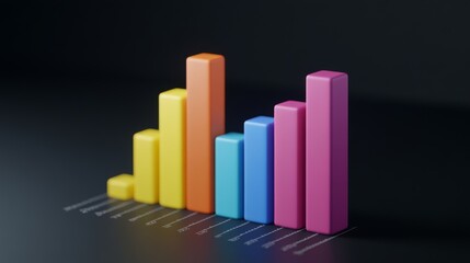 A D-rendered bar graph with rising colorful bars, symbolizing growth in market trends, with a dark and minimalistic background for contrast