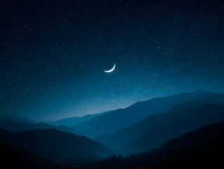 Night sky with a crescent moon over mountainous terrain.