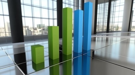 A D financial bar graph with green and blue bars rising in value on a futuristic digital display, showcasing business growth and economic progress