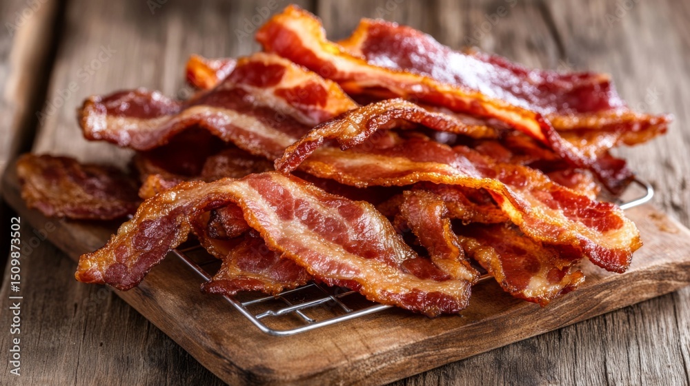 Poster A batch of crispy bacon strips on a cooling rack, with light reflecting off the glossy surface, emphasizing their crunchy texture and rich color