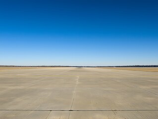 
Wide view of an empty airport runway stretching into the distance under a clear sky with ground markings visible

