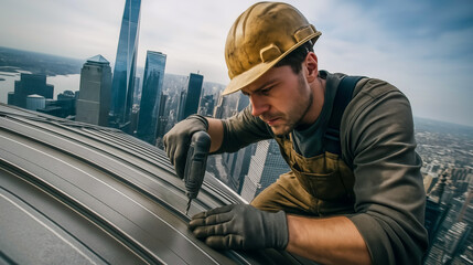 Young man working on skyscraper rooftop with drill in modern cityscape