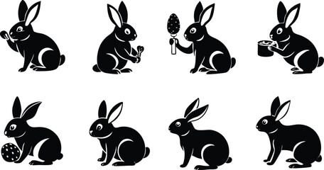 Fototapeta premium Stylized Rabbit Silhouettes Collection – Minimalist Black and White Bunny Poses and Vector Icons
