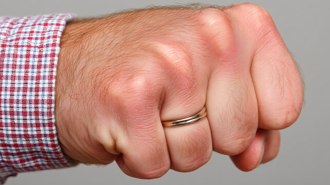 Close-up of adult man's clenched fist with checkered sleeve