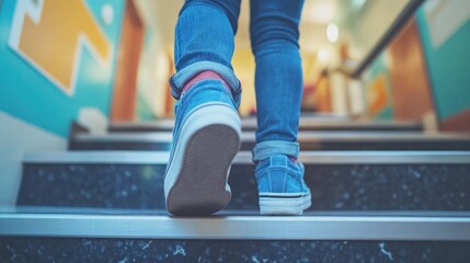 Child ascending school stairs