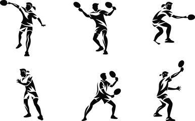 Tennis Player Silhouettes Set – Dynamic Black and White Sports Action Poses Collection