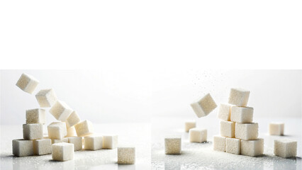 White Sugar Cubes Arranged in Two Groups, with Some Floating in Mid-Air, Capturing Motion and Chaos vs. Order