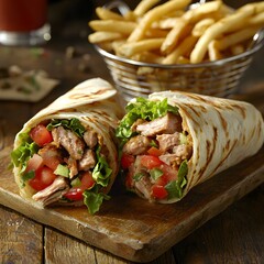 Photo of a Shawarma Wrap Cut Open to Reveal Grilled Meat, Vegetables, and Served with Fries