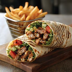 Photo of a Shawarma Wrap Cut Open to Reveal Grilled Meat, Vegetables, and Served with Fries