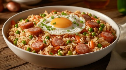A bowl of American fried rice with sausages, carrots, peas, and a fried egg on top, garnished with green onions, served on a wooden table