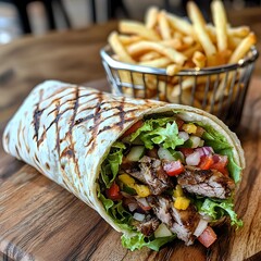 Photo of a Shawarma Wrap Cut Open to Reveal Grilled Meat, Vegetables, and Served with Fries