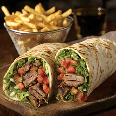 Photo of a Shawarma Wrap Cut Open to Reveal Grilled Meat, Vegetables, and Served with Fries