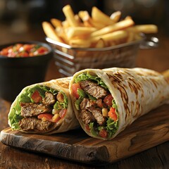 Photo of a Shawarma Wrap Cut Open to Reveal Grilled Meat, Vegetables, and Served with Fries