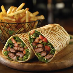 Photo of a Shawarma Wrap Cut Open to Reveal Grilled Meat, Vegetables, and Served with Fries