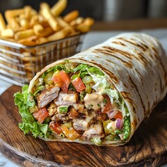 Photo of a Shawarma Wrap Cut Open to Reveal Grilled Meat, Vegetables, and Served with Fries