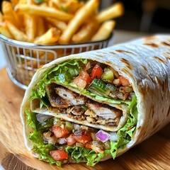Photo of a Shawarma Wrap Cut Open to Reveal Grilled Meat, Vegetables, and Served with Fries